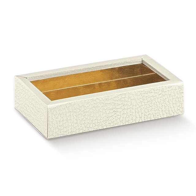 Obrázek produktu Krabička na pralinky 14,5x7,5x3,5cm papír bílá kůže, okénko, zlatý vklad 1ks (krt.5x10ks)