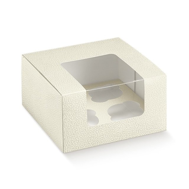 Obrázek produktu Krabice na 4 muffiny/cupcakes s okénkem potisk bílá kůže 18x18x10cm 1ks (krt.5x10ks)