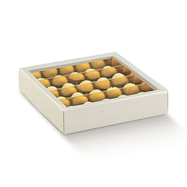 Obrázek produktu Krabička na pralinky 21,5x21,5x3,5cm papír bílá kůže, okénko, zlatý vklad 1ks (krt.5x10ks)