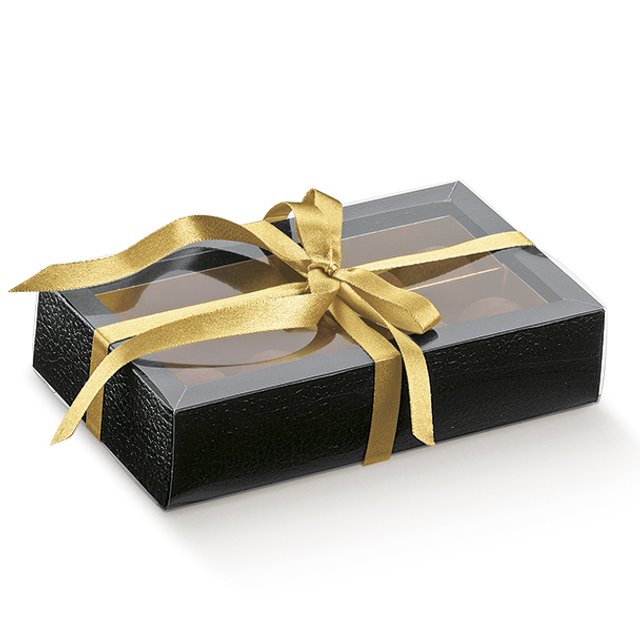 Obrázek produktu Krabička na pralinky 14,5x7,5x3,5cm papír černá kůže, okénko, zlatý vklad 1ks (krt.5x10ks)