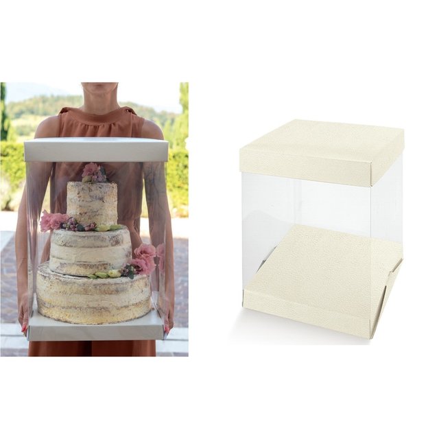 Obrázek produktu Krabice na vícepatrový dort  průhledný + bílá kůže 50x50x54cm (1ks =4 DÍLY!)