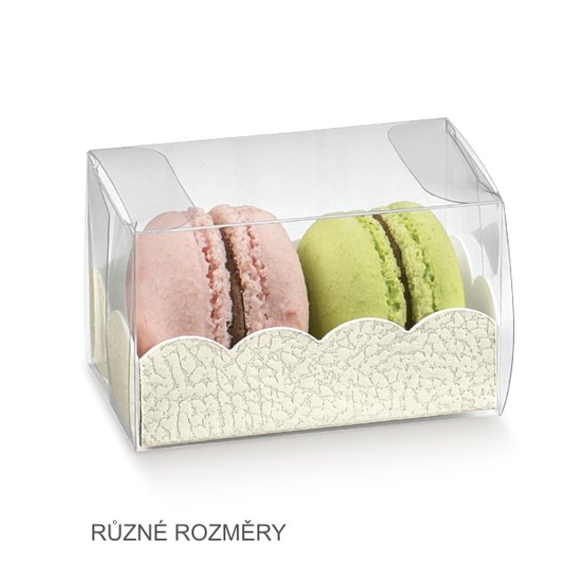 Obrázek produktu Krabička na makronky (na 3 ks) průhledná 8x5x5cm vklad bílá kůže  1ks (bal.10ks) (15120C/15596C)