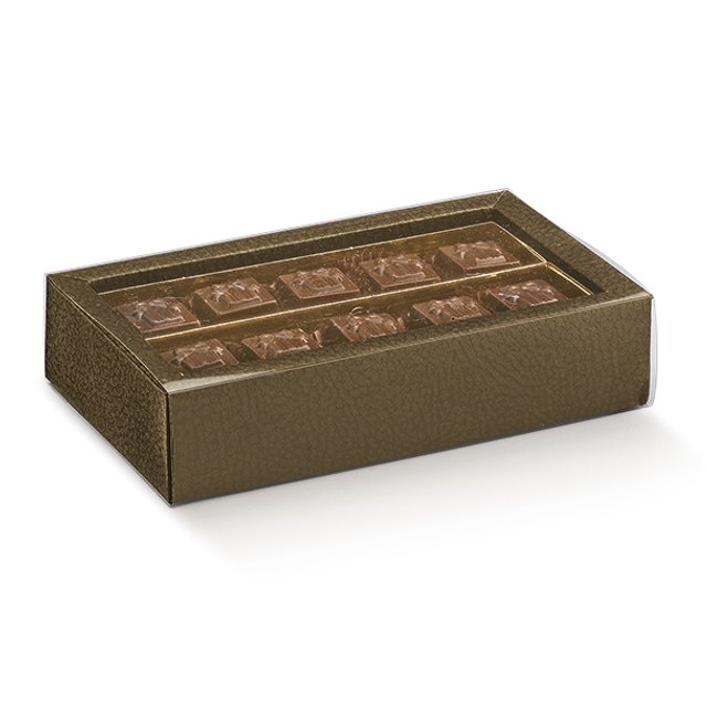 Obrázek produktu Krabička na pralinky 14,5x7,5x2,5cm papír hnědá kůže, okénko, zlatý vklad 1ks (krt.5x10ks)