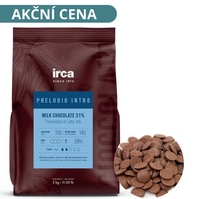 Obrázek produktu IRCA Čokoláda mléčná 31% INTRO PRELUDIO 28/30 10kg (2x5kg) "cioccolato latte" DOPRODEJ
