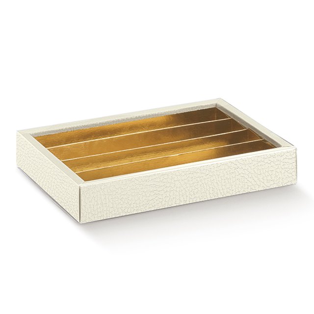 Obrázek produktu Krabička na pralinky 21,5x14,5x3,5cm papír bílá kůže, okénko, zlatý vklad 1ks (krt.5x10ks)