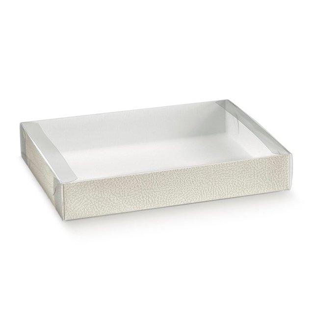 Obrázek produktu Krabice na cukroví s průhl. víčkem potisk bílá kůže 29,5x26,5x4cm 1ks (bal.100x 10ks) SC
