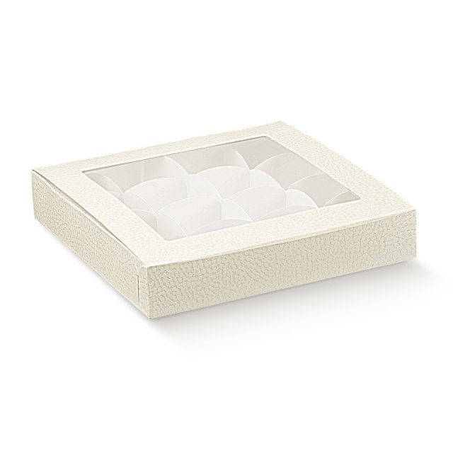 Obrázek produktu Krabička na pralinky 16x8x3cm papír bílá kůže, okénko, bílý vklad 1ks (bal.10ks)