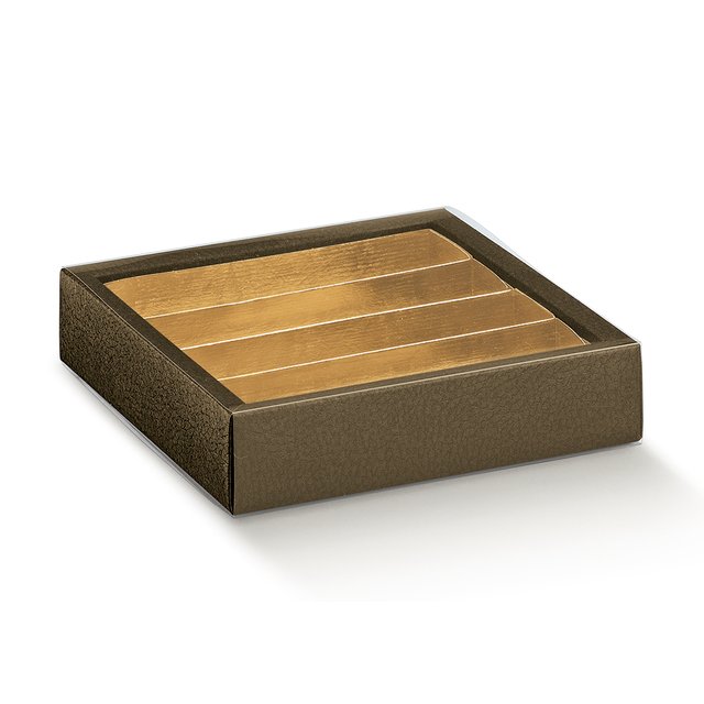 Obrázek produktu Krabička na pralinky 14,5x14,5x3,5cm papír hnědá kůže, okénko, zlatý vklad 1ks (krt.5x10ks)