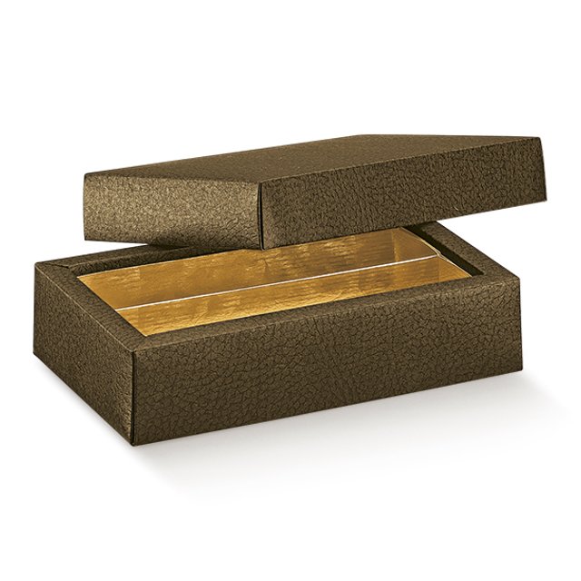Obrázek produktu Krabička na pralinky 14,5x7,5x3,5cm papír hnědá kůže, okénko, zlatý vklad 1ks (krt.5x10ks)