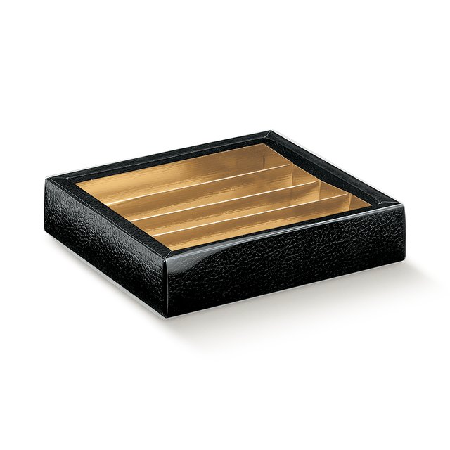 Obrázek produktu Krabička na pralinky 14,5x14,5x3,5cm papír černá kůže, okénko, zlatý vklad 1ks (krt.5x10ks)
